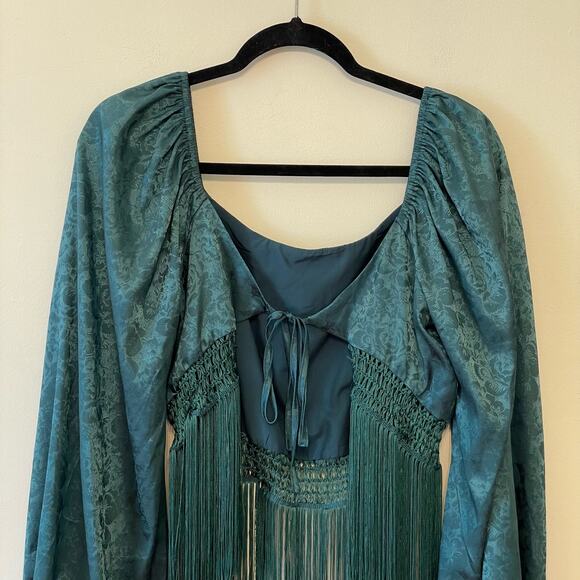 Buckle L green bell sleeve blouse Victorian fringe crop top metallic floral boho - Picture 6 of 7